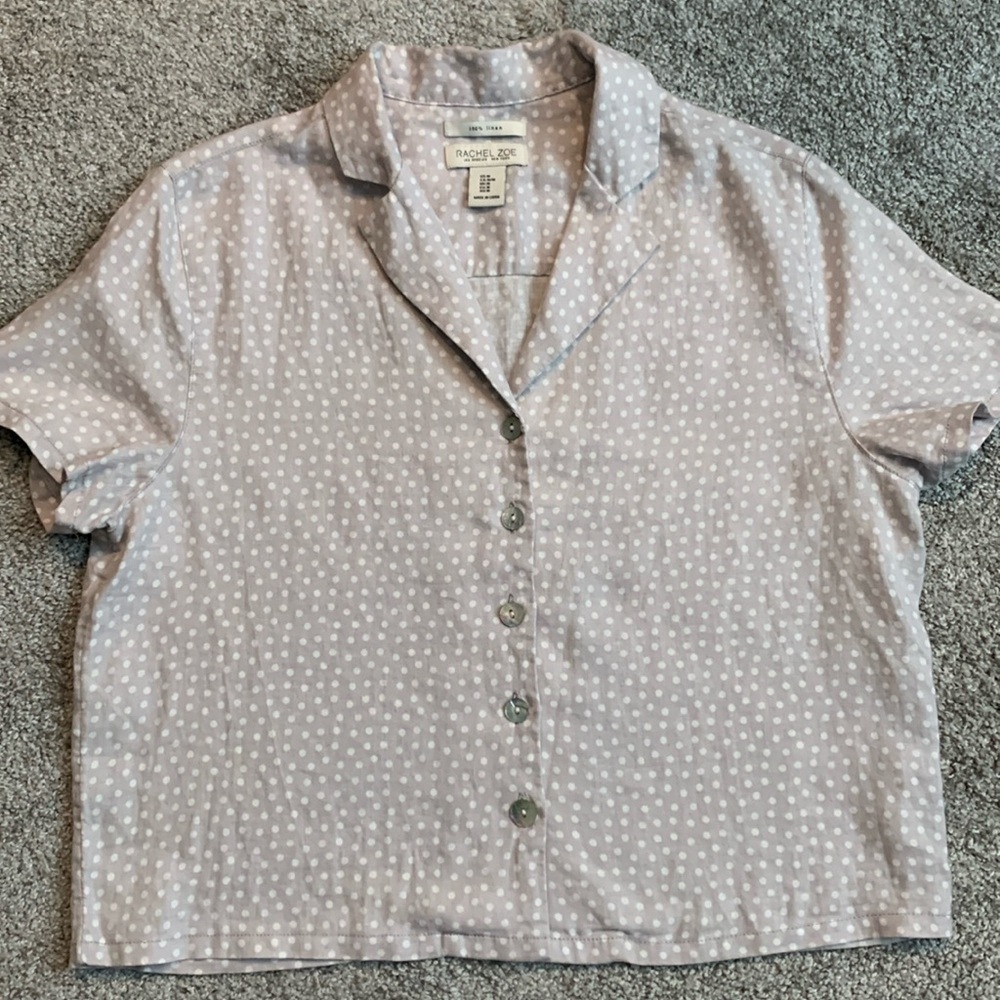 Rachel Zoe lavender polka dot 100% linen button down short sleeve top size m